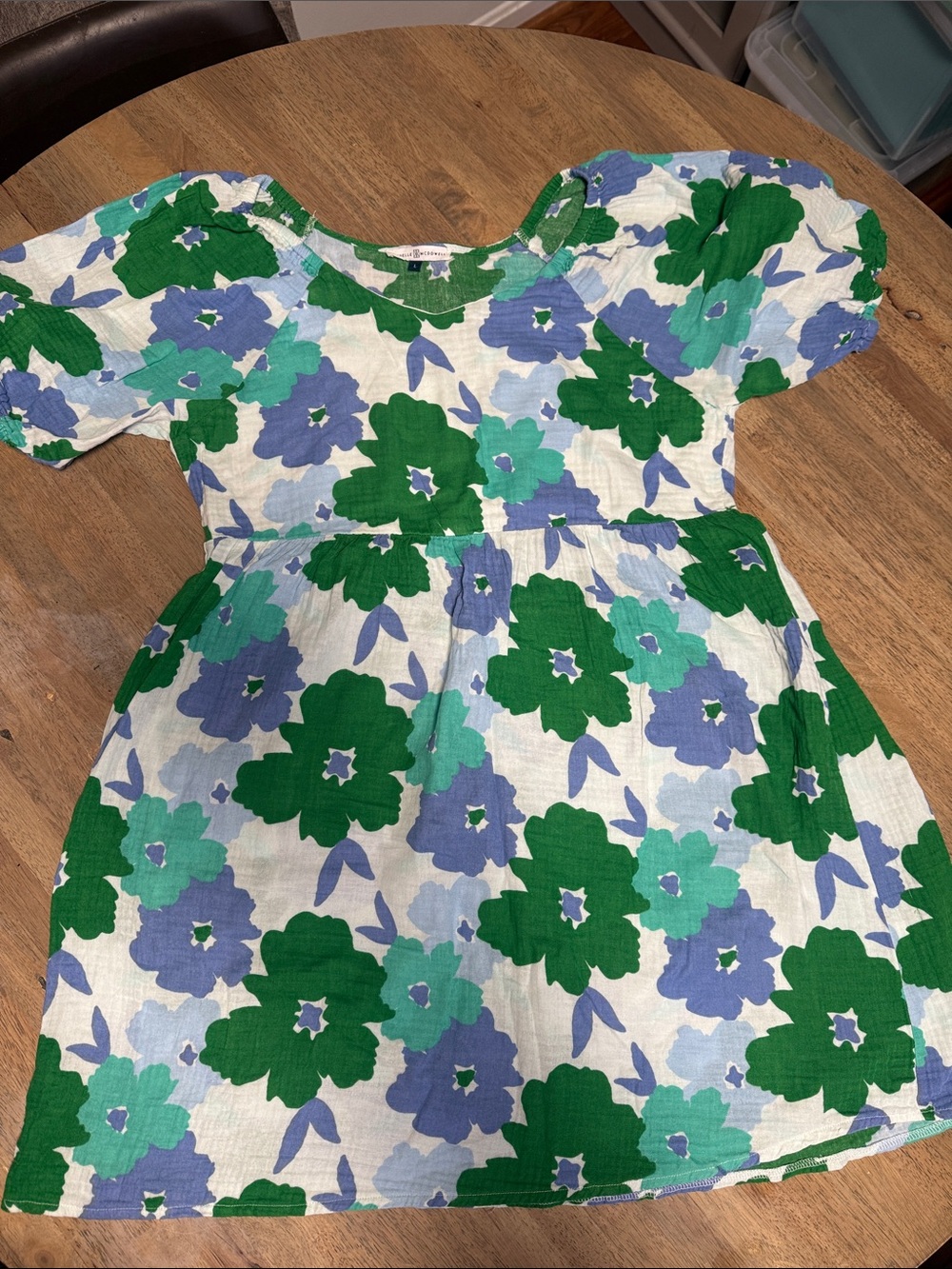 Women’s Green & Blue Floral Puff-Sleeve Dress